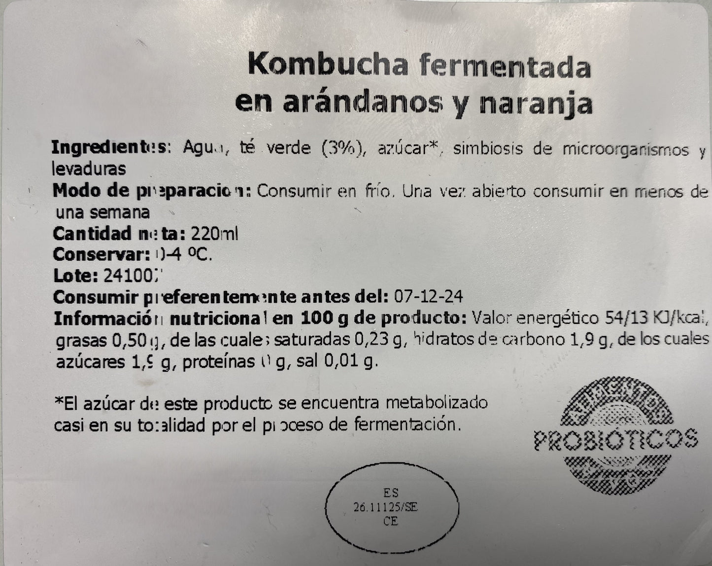KOMBUCHA ARTESANAL FERMENTADA EN ARÁNDANOS Y NARANJA 220 ml