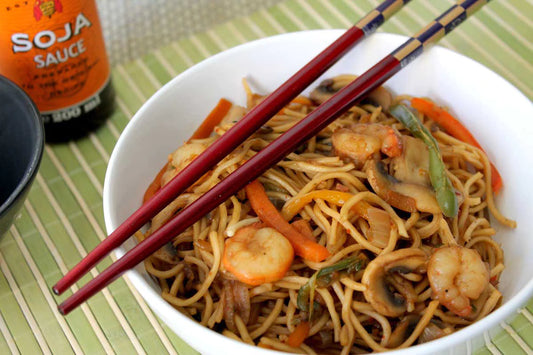 Noodles con Langostinos. Ración 650 gr